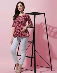 Red Geometric Print Layered Top in Crepe fabric with Round Neck and Half Sleeve - XL