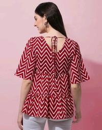 Red Geometric Print Layered Top in Crepe fabric with Round Neck and Half Sleeve - XL