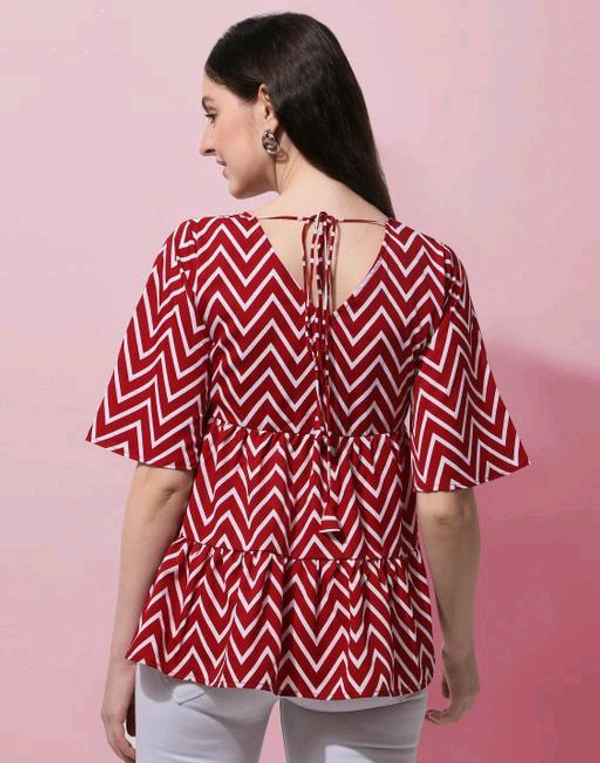 Red Geometric Print Layered Top in Crepe fabric with Round Neck and Half Sleeve - XL