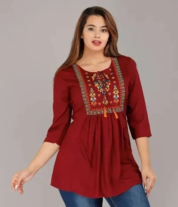 Alluring Rayon Embroidered Short Kurta For Women - XXXL, Maroon