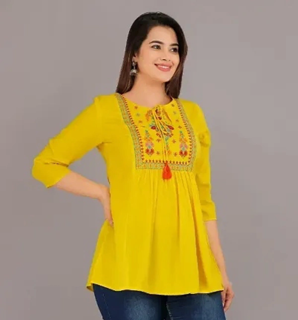 Alluring Rayon Embroidered Short Kurta For Women - M, Yellow