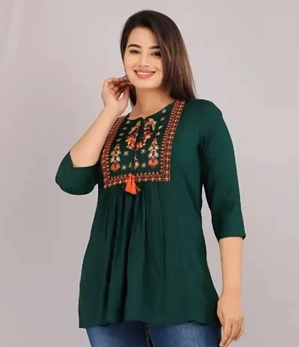 Alluring Rayon Embroidered Short Kurta For Women - XL, Teal