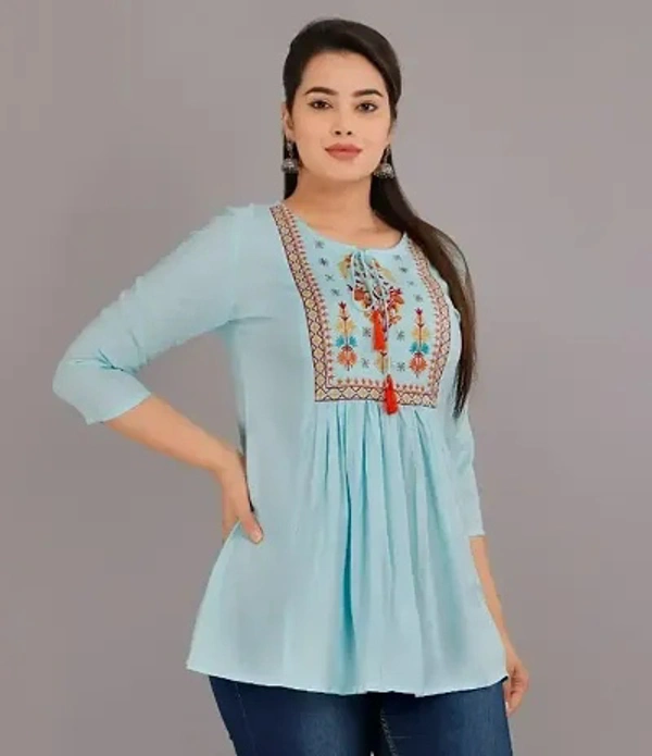 Alluring Rayon Embroidered Short Kurta For Women - M, Periwinkle