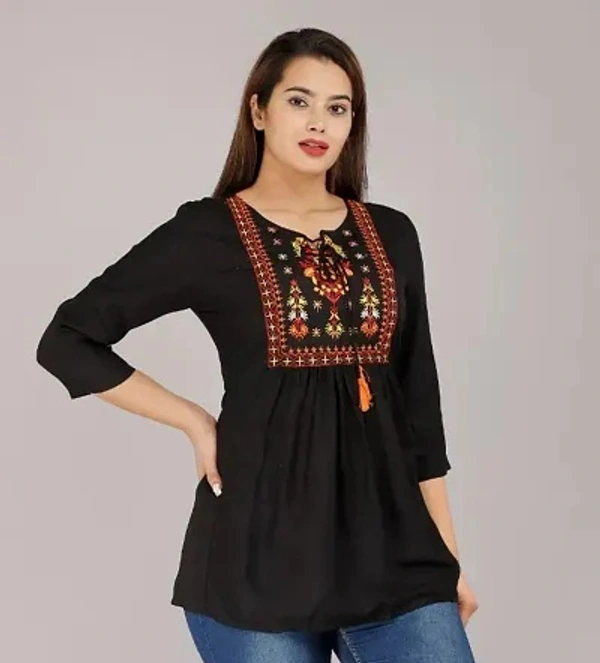 Alluring Rayon Embroidered Short Kurta For Women - M, Black