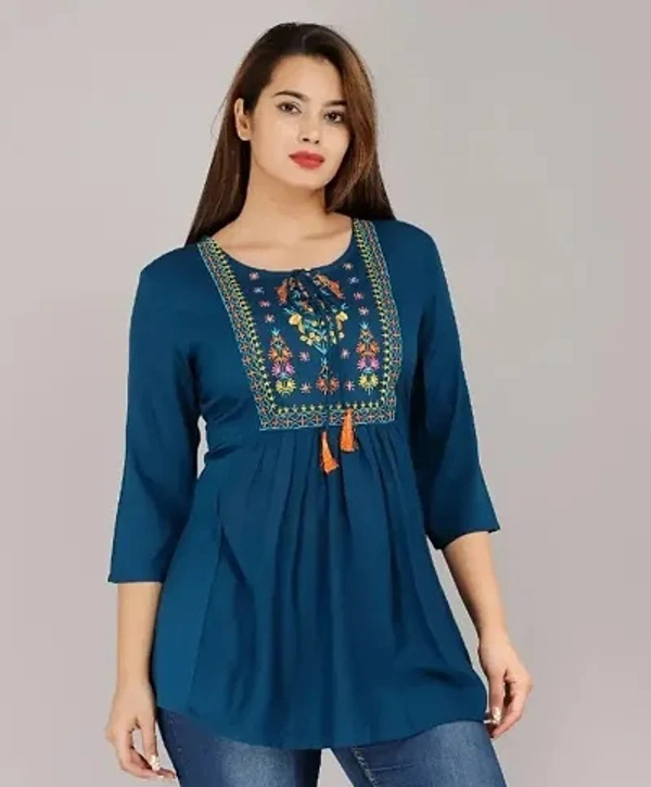 Alluring Rayon Embroidered Short Kurta For Women - S, Blue