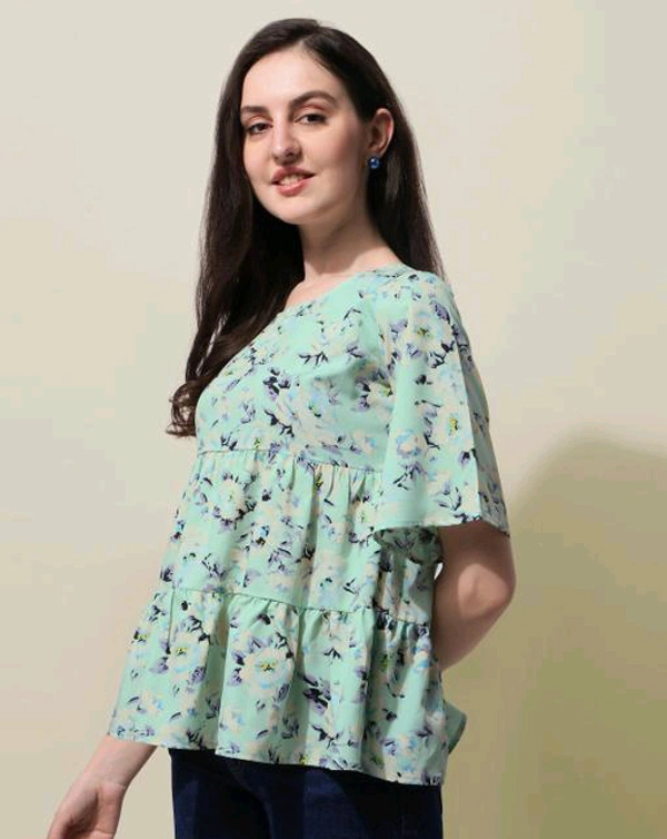 Green Floral Print Layered Top in Crepe fabric with Round Neck and Half Sleeve - L