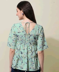 Green Floral Print Layered Top in Crepe fabric with Round Neck and Half Sleeve - L