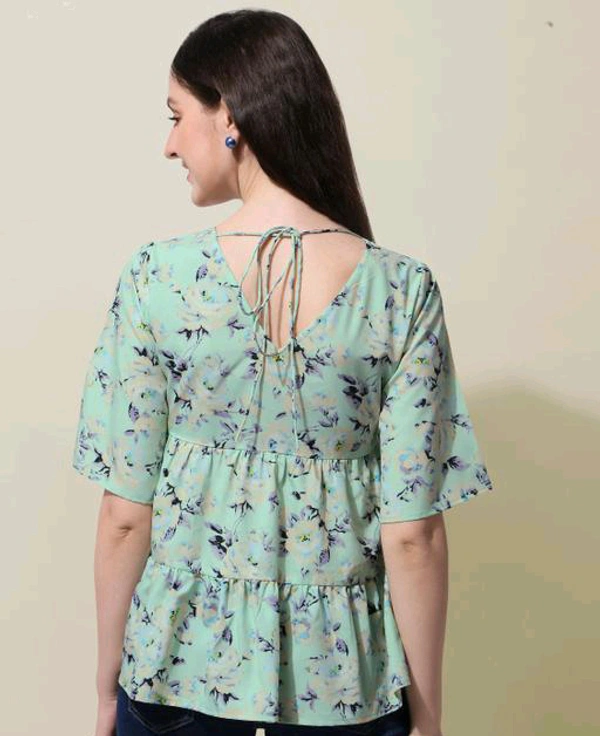 Green Floral Print Layered Top in Crepe fabric with Round Neck and Half Sleeve - L