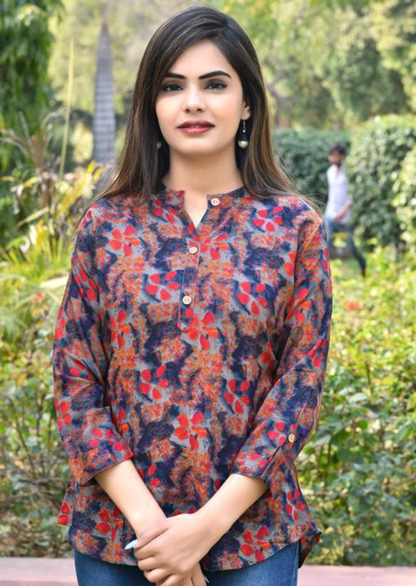 FANCIFY designed Women's fashion Floral Printed attractive Navy Blue Red flower Rayon Top top shirt style top for women with three quarter sleeves western top for women and girls - M