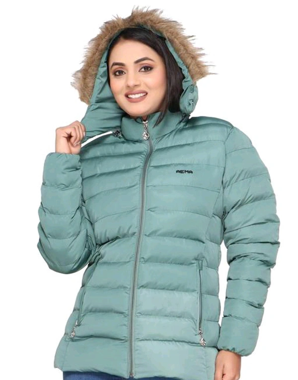 AEMA FULL SLEEVE JACKET WITH FURR HOOD FOR WOMEN 1401-MINT-GREEN - Pine Green, L