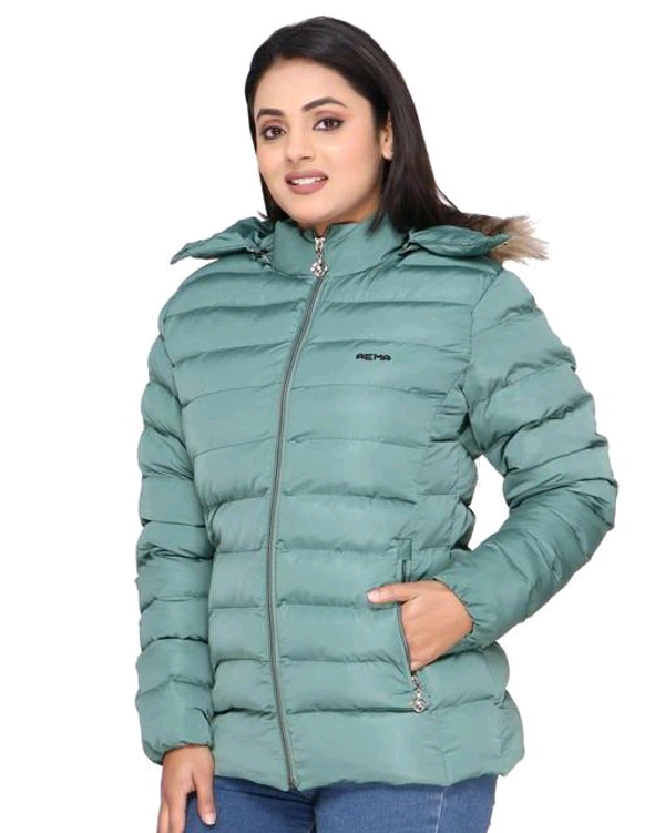 AEMA FULL SLEEVE JACKET WITH FURR HOOD FOR WOMEN 1401-MINT-GREEN - Pine Green, L