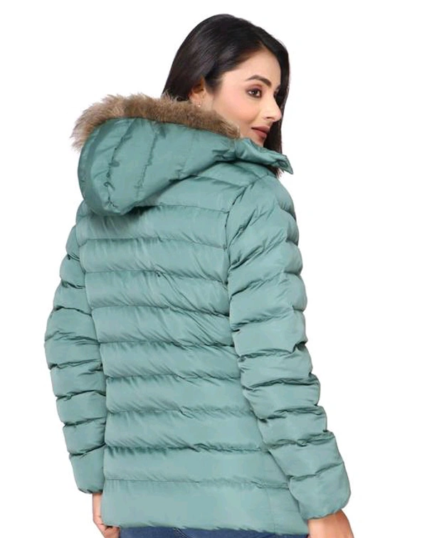 AEMA FULL SLEEVE JACKET WITH FURR HOOD FOR WOMEN 1401-MINT-GREEN - Pine Green, L