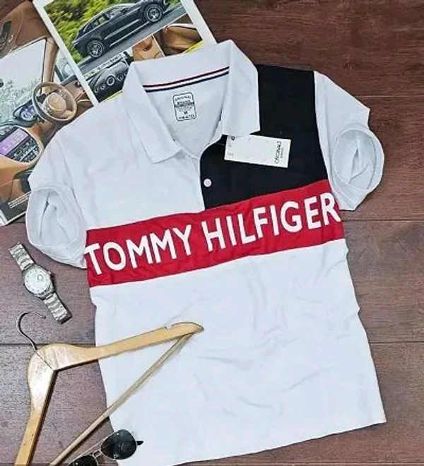 Tommy Hilfiger  Fine Matty Polo Colourblock Tshirts For Men - White, M