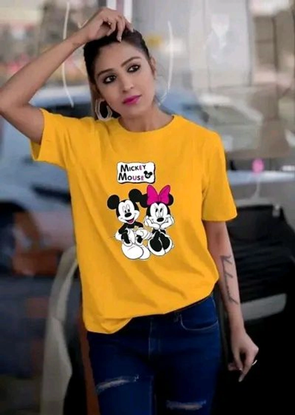 Cotton Printed Women Round Neck T-Shirts - Yellow, XL