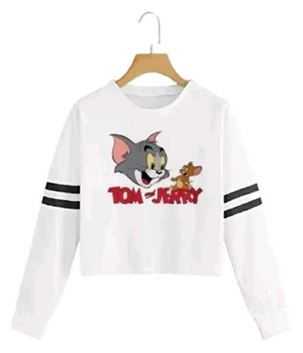 Trendy Regular Designer TOM-N-JERRY Printed 100% Cotton Full Sleeve T-shirt for Women And Girls - White, M