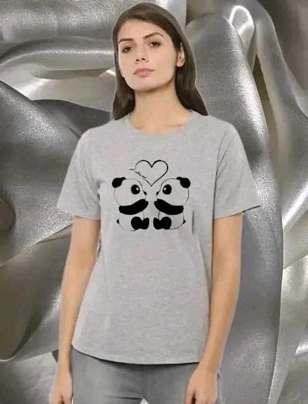 Elegant Cotton Printed Round Neck T-Shirts For Women - Gray, L