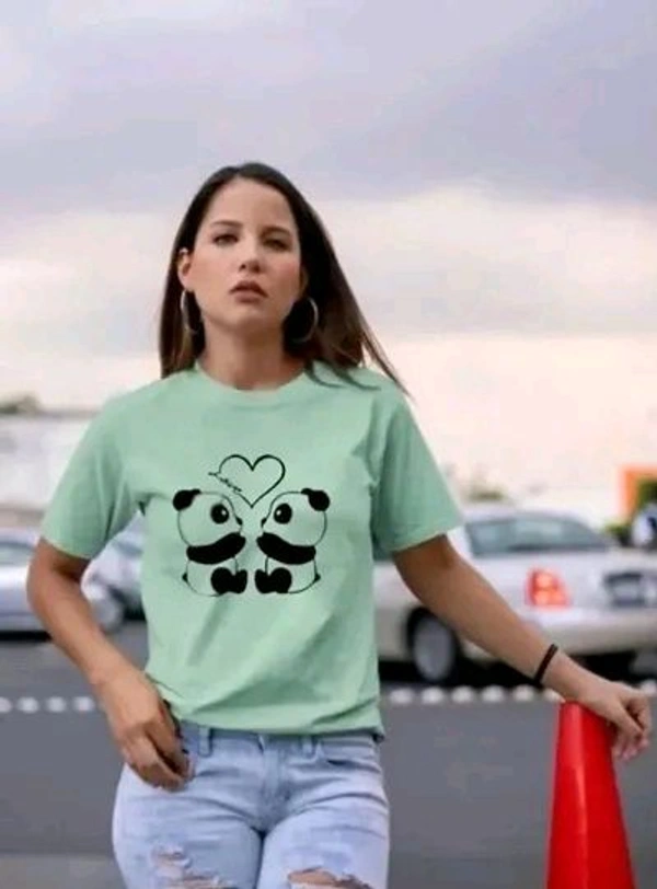 Elegant Cotton Printed Round Neck T-Shirts For Women - Mint Green, L
