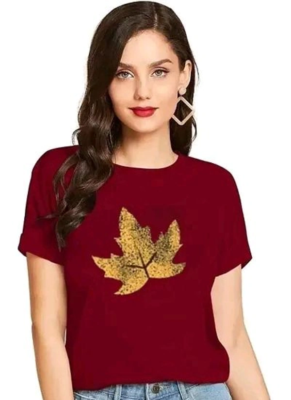 Cintia Women Print Smile Tshirt | Half Sleve Plain | Regular Fit Ladies T Shirt for Women & Girls | Cotton Shirt for Women | T-Shirt for Women | T-Shirt Leaf Pink - Maroon, M