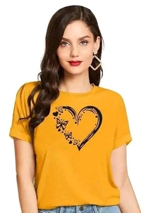 Cintia Women Print Smile Tshirt | Half Sleve Plain | Regular Fit Ladies T Shirt for Women & Girls | Cotton Shirt for Women | T-Shirt HeartBtrfly Yellow  - White, S