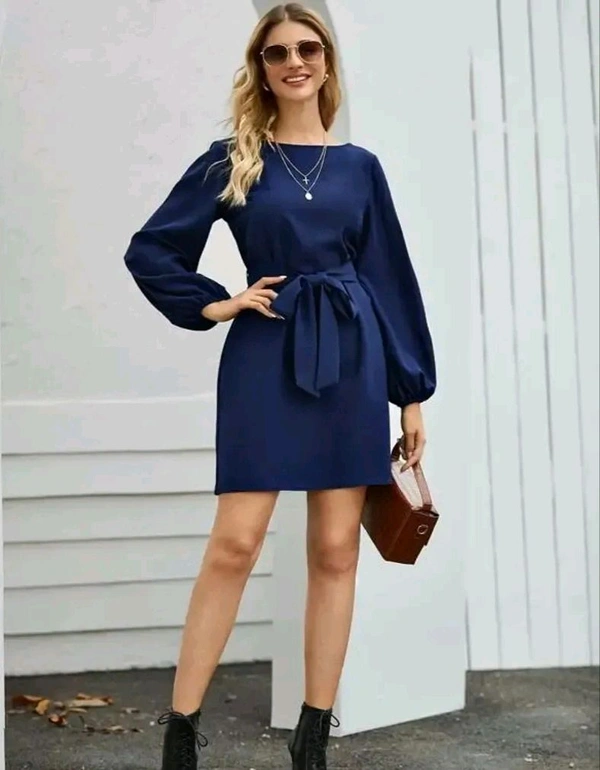 Vivient Women Elegant Elastic Sleeve Crepe Short Dress - Blue, L