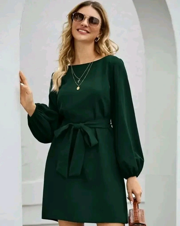 Vivient Women Elegant Elastic Sleeve Crepe Short Dress - Cyprus, L