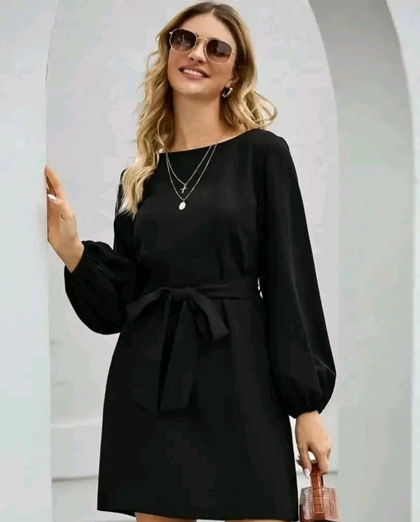 Vivient Women Elegant Elastic Sleeve Crepe Short Dress - Black, XL