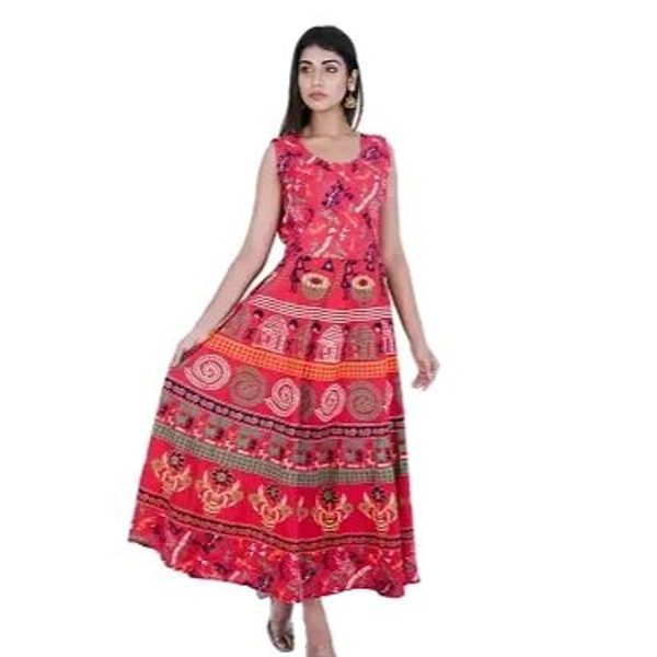 Rangun Presents Jaipuri Printed Long Women's Maxi one Piece Dress Free Size - Red, Free Size