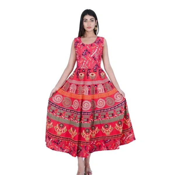 Rangun Presents Jaipuri Printed Long Women's Maxi one Piece Dress Free Size - Red, Free Size