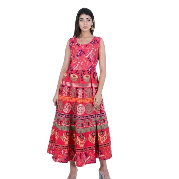 Rangun Presents Jaipuri Printed Long Women's Maxi one Piece Dress Free Size - Red, Free Size