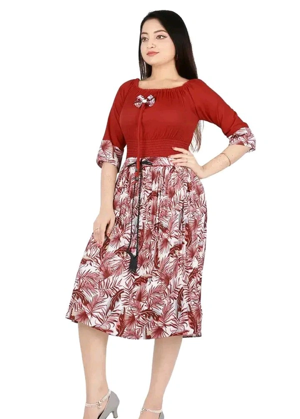 Charming Rayon Midi Length Dress For Women - Red, M