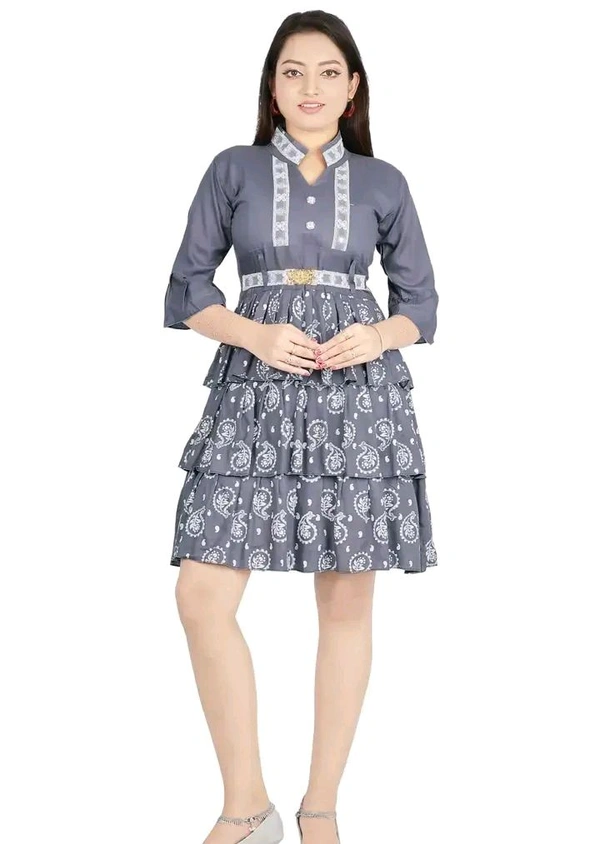 Alluring Rayon Printed A-Line Dress With Attached Belt - Gray, XS