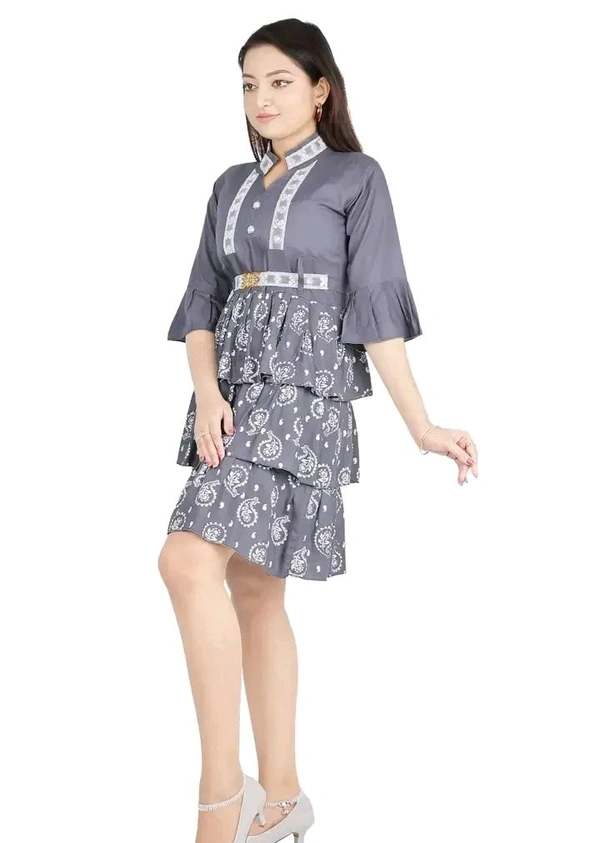 Alluring Rayon Printed A-Line Dress With Attached Belt - Gray, XS