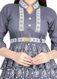 Alluring Rayon Printed A-Line Dress With Attached Belt - Gray, XL