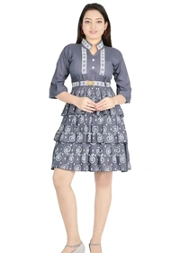 Alluring Rayon Printed A-Line Dress With Attached Belt - Gray, XL