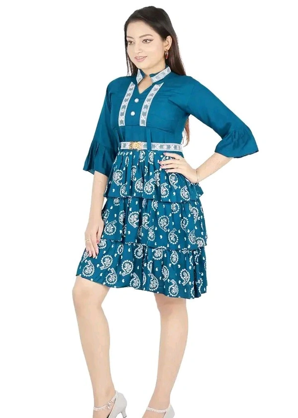 Alluring Rayon Printed A-Line Dress With Attached Belt - Blue, XS