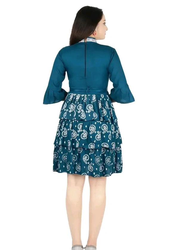 Alluring Rayon Printed A-Line Dress With Attached Belt - Blue, XS