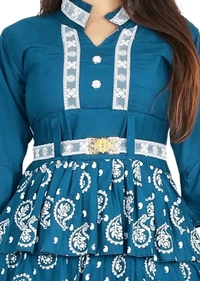 Alluring Rayon Printed A-Line Dress With Attached Belt - Blue, M