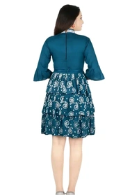 Alluring Rayon Printed A-Line Dress With Attached Belt - Blue, M