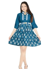 Alluring Rayon Printed A-Line Dress With Attached Belt - Blue, M