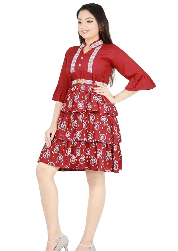 Alluring Rayon Printed A-Line Dress With Attached Belt - Red, S