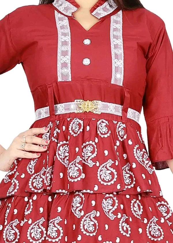 Alluring Rayon Printed A-Line Dress With Attached Belt - Red, S