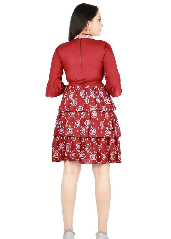 Alluring Rayon Printed A-Line Dress With Attached Belt - Red, S