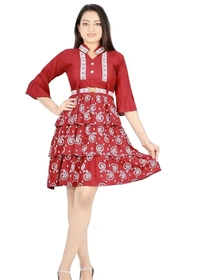 Alluring Rayon Printed A-Line Dress With Attached Belt - Red, S