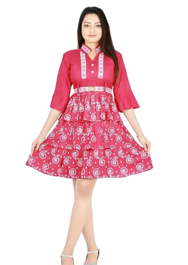 Alluring Rayon Printed A-Line Dress With Attached Belt - Pink Flamingo, M