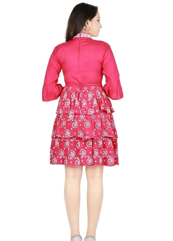 Alluring Rayon Printed A-Line Dress With Attached Belt - Pink Flamingo, M