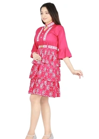 Alluring Rayon Printed A-Line Dress With Attached Belt - Pink Flamingo, M