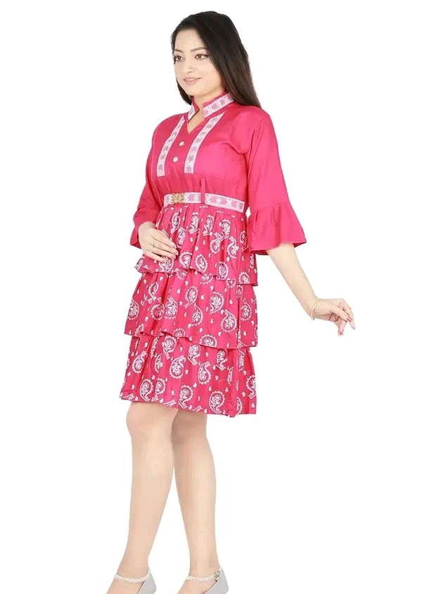Alluring Rayon Printed A-Line Dress With Attached Belt - Pink Flamingo, M