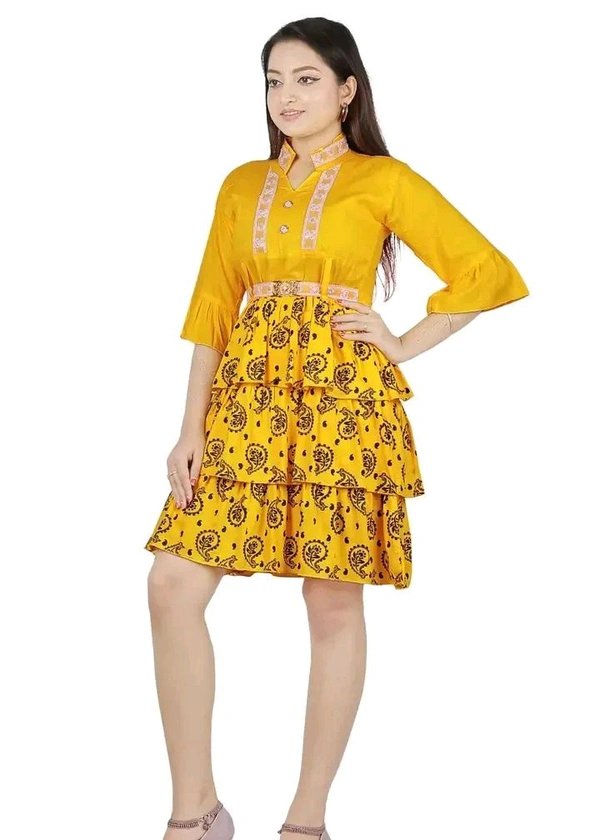 Alluring Rayon Printed A-Line Dress With Attached Belt - Yellow, L