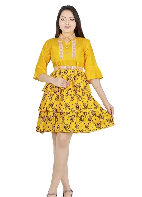 Alluring Rayon Printed A-Line Dress With Attached Belt - Yellow, L