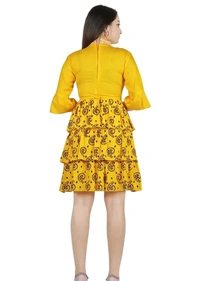 Alluring Rayon Printed A-Line Dress With Attached Belt - Yellow, L